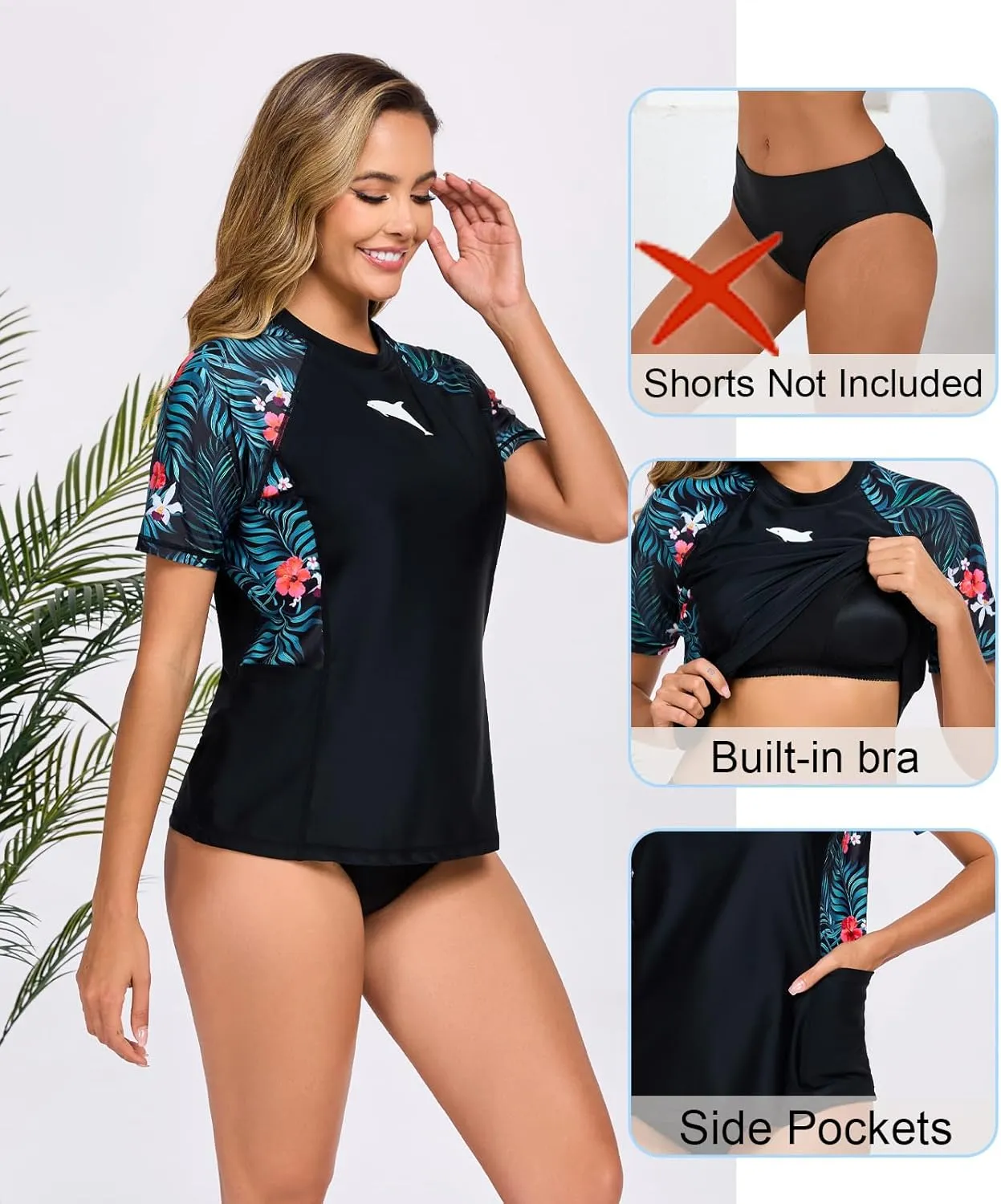 Halcurt Women's Short Sleeve Rash Guard Top with Built in Bra Side Pockets Swim Shirts UPF50  Swimsuit