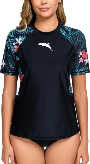 Halcurt Women's Short Sleeve Rash Guard Top with Built in Bra Side Pockets Swim Shirts UPF50  Swimsuit