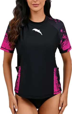 Halcurt Women's Short Sleeve Rash Guard Top with Built in Bra Side Pockets Swim Shirts UPF50  Swimsuit