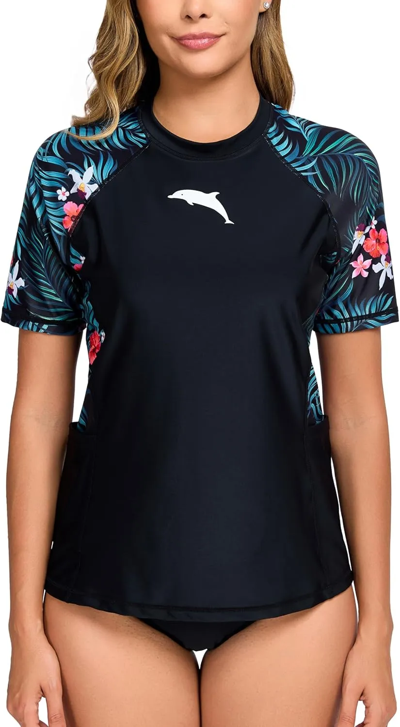 Halcurt Women's Short Sleeve Rash Guard Top with Built in Bra Side Pockets Swim Shirts UPF50  Swimsuit