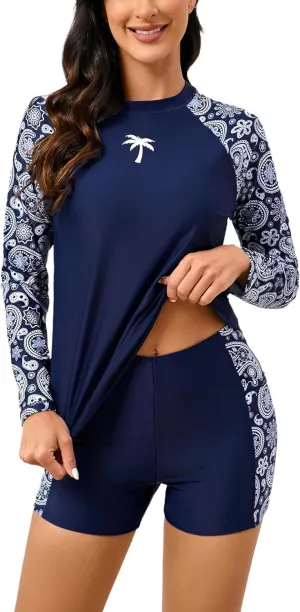 Halcurt Women's Two Piece Rash Guard Swimsuit Long Sleeve UPF 50 Swim Shirt with Board Shorts