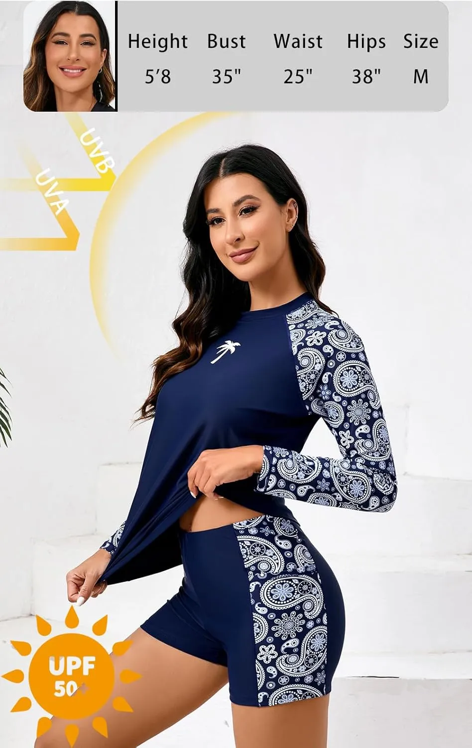 Halcurt Women's Two Piece Rash Guard Swimsuit Long Sleeve UPF 50 Swim Shirt with Board Shorts