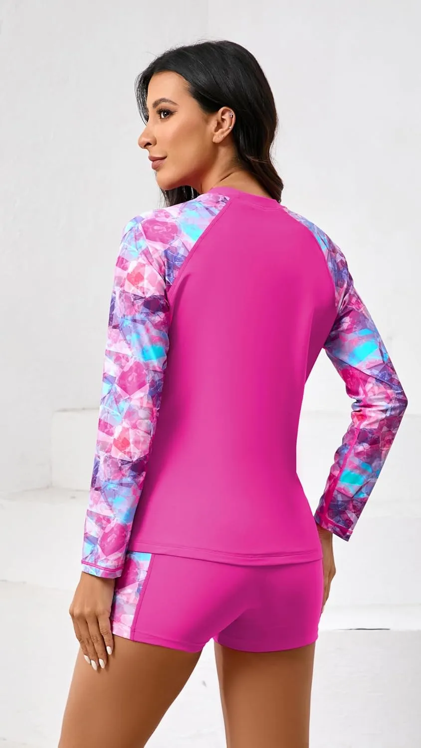 Halcurt Women's Two Piece Rash Guard Swimsuit Long Sleeve UPF 50 Swim Shirt with Board Shorts
