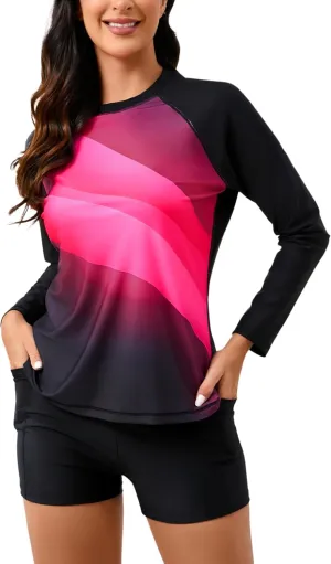 Halcurt Women's Two Piece Rash Guard Swimsuit Long Sleeve UPF 50 Swim Shirt with Board Shorts