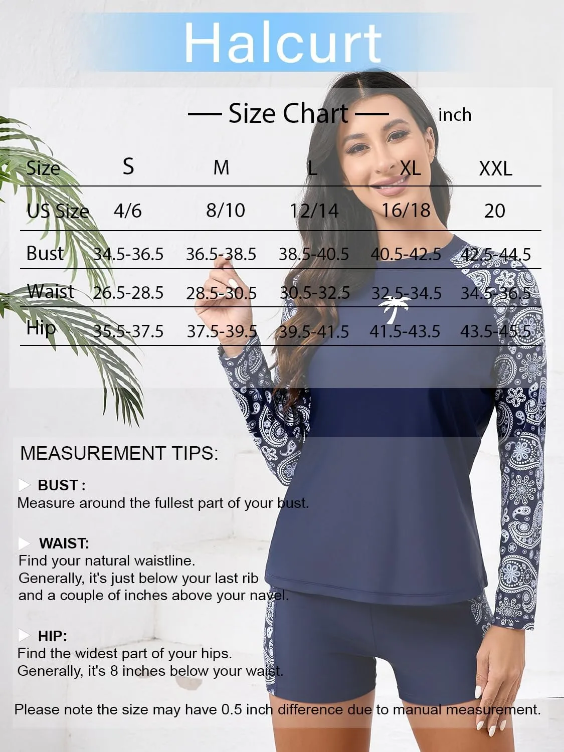 Halcurt Women's Two Piece Rash Guard Swimsuit Long Sleeve UPF 50 Swim Shirt with Board Shorts