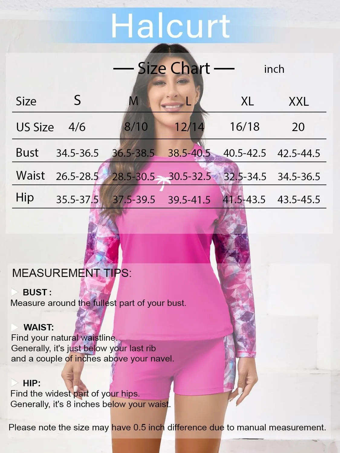 Halcurt Women's Two Piece Rash Guard Swimsuit Long Sleeve UPF 50 Swim Shirt with Board Shorts