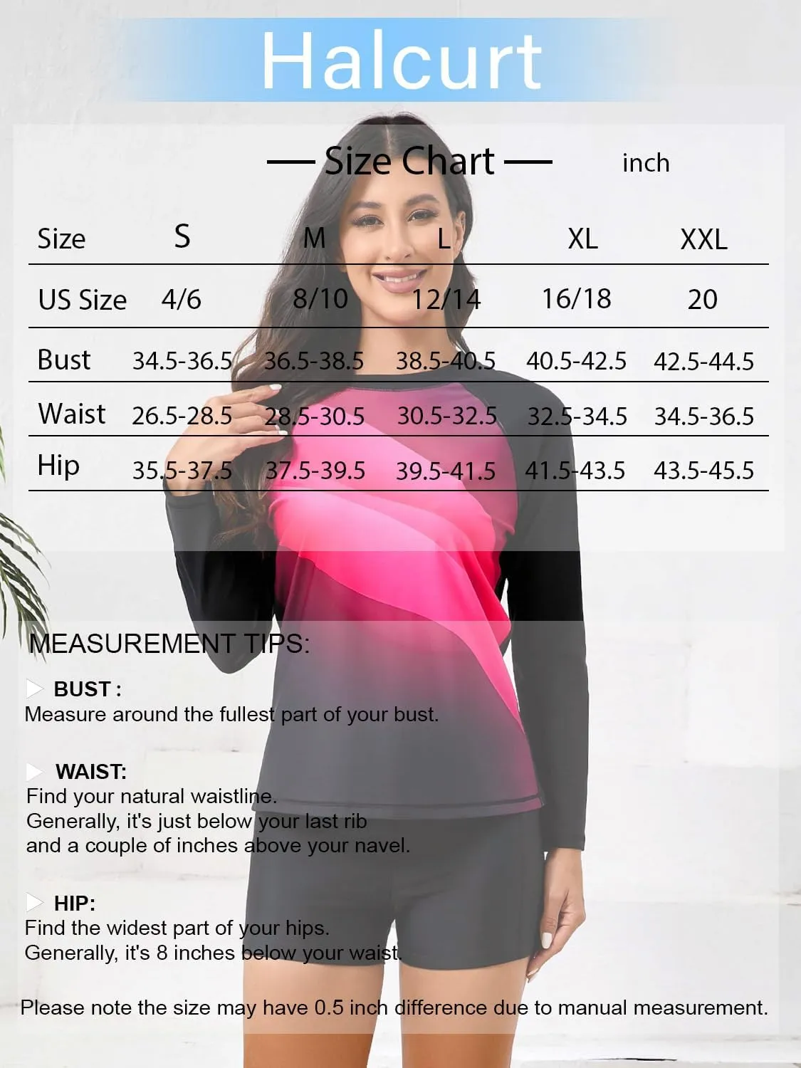 Halcurt Women's Two Piece Rash Guard Swimsuit Long Sleeve UPF 50 Swim Shirt with Board Shorts