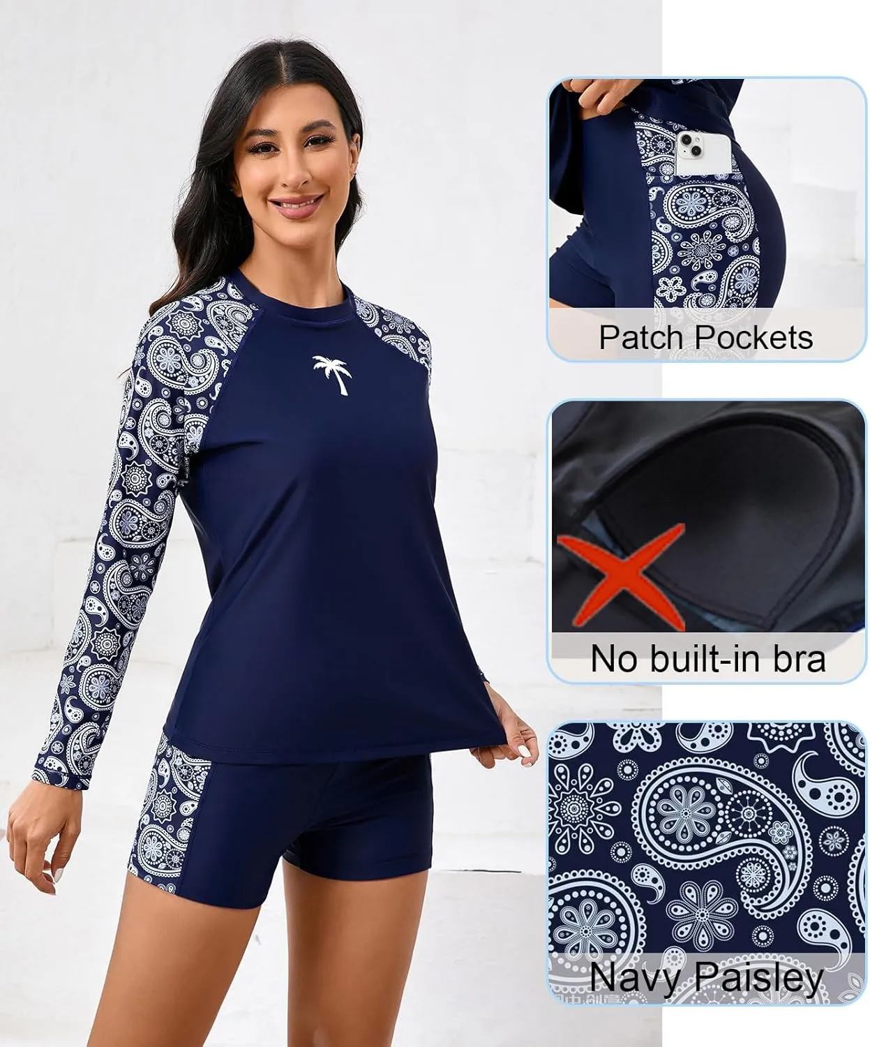 Halcurt Women's Two Piece Rash Guard Swimsuit Long Sleeve UPF 50 Swim Shirt with Board Shorts