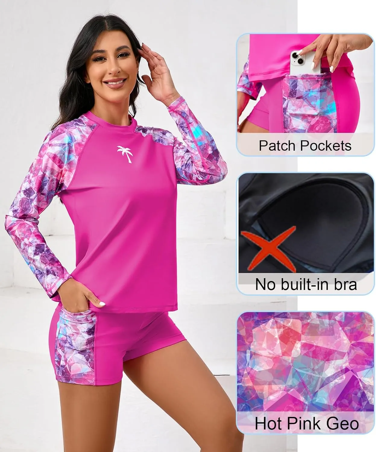 Halcurt Women's Two Piece Rash Guard Swimsuit Long Sleeve UPF 50 Swim Shirt with Board Shorts