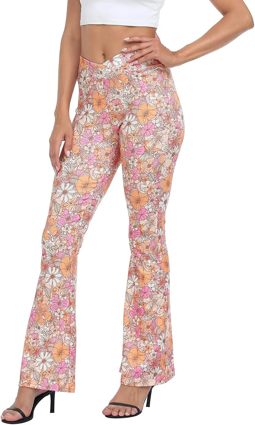 HDE Women's Crossover Flare Yoga Pants Ribbed High Waist Wide Leg Bell Bottoms