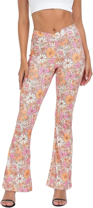 HDE Women's Crossover Flare Yoga Pants Ribbed High Waist Wide Leg Bell Bottoms