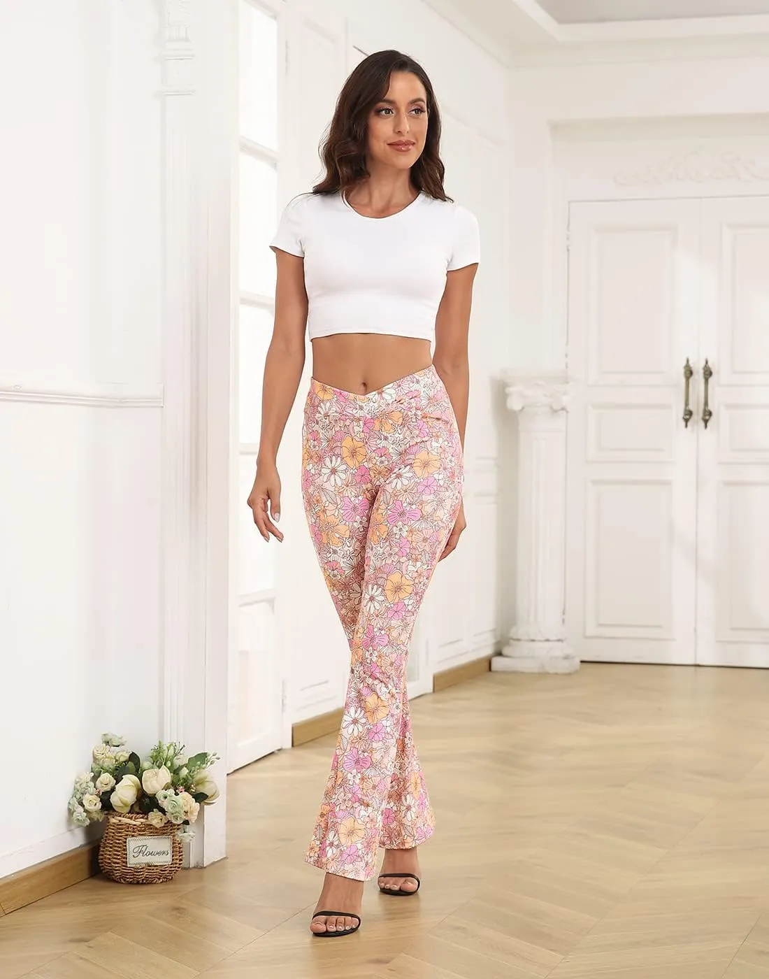 HDE Women's Crossover Flare Yoga Pants Ribbed High Waist Wide Leg Bell Bottoms