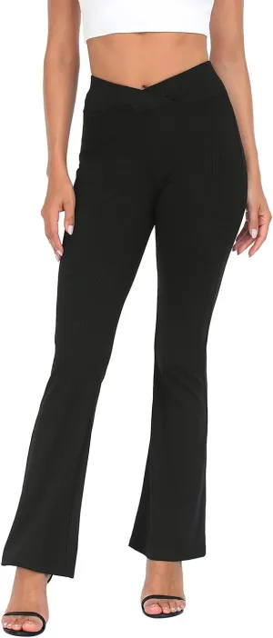 HDE Women's Crossover Flare Yoga Pants Ribbed High Waist Wide Leg Bell Bottoms