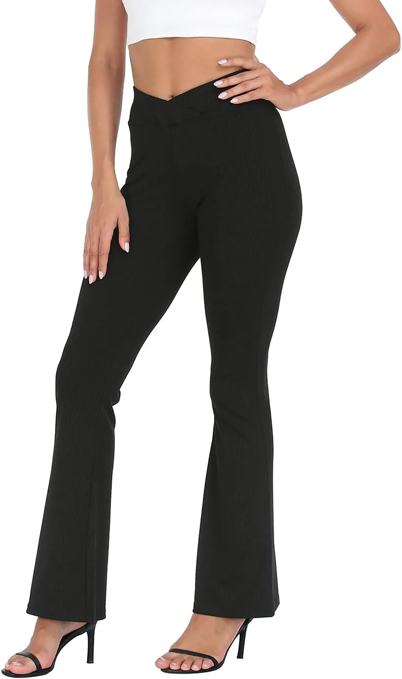 HDE Women's Crossover Flare Yoga Pants Ribbed High Waist Wide Leg Bell Bottoms