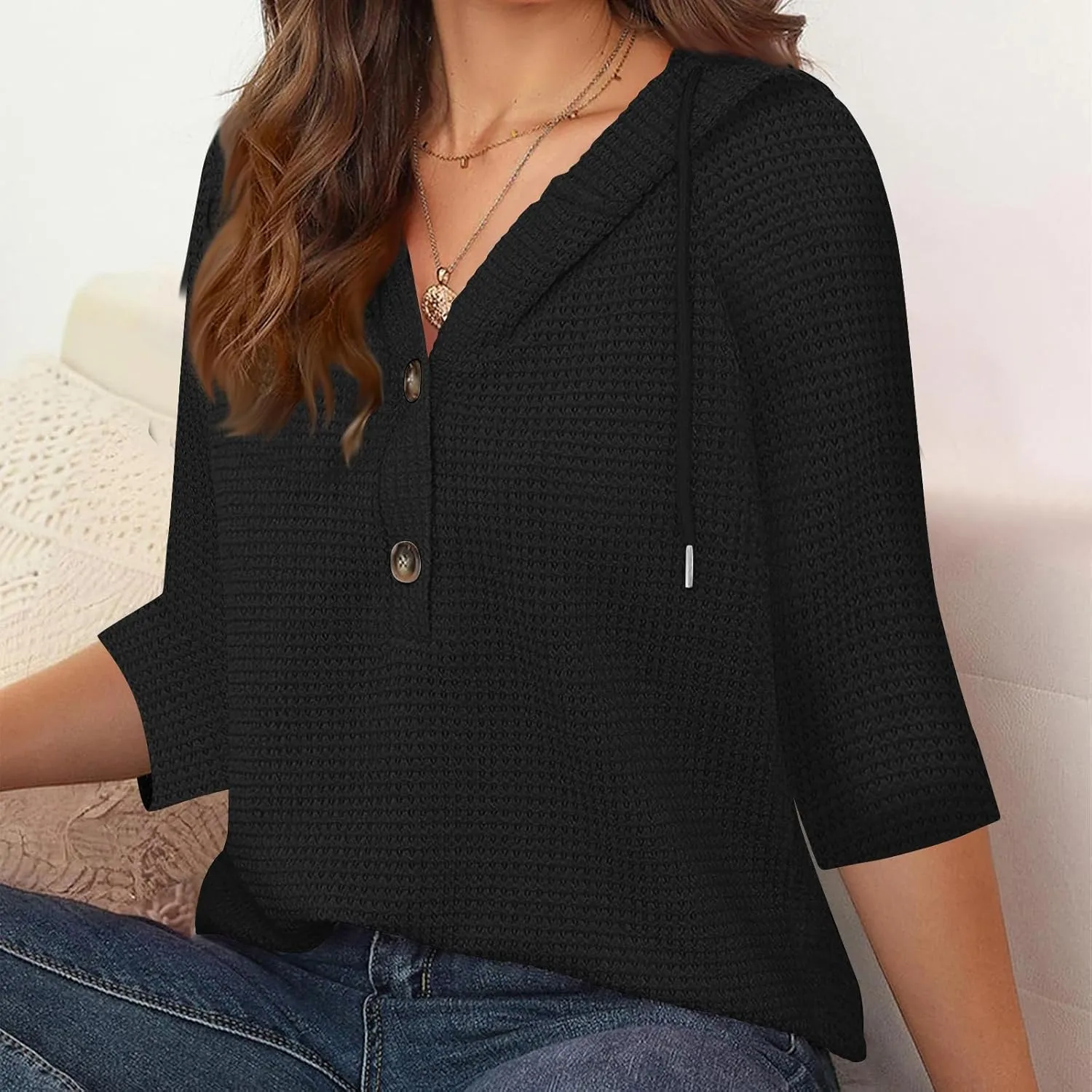 Henley Shirts for Women 3/4 Length Sleeve Button Summer Waffle Hoodies Pullover Cute Vneck Tops Elbow Sleeve Shirts