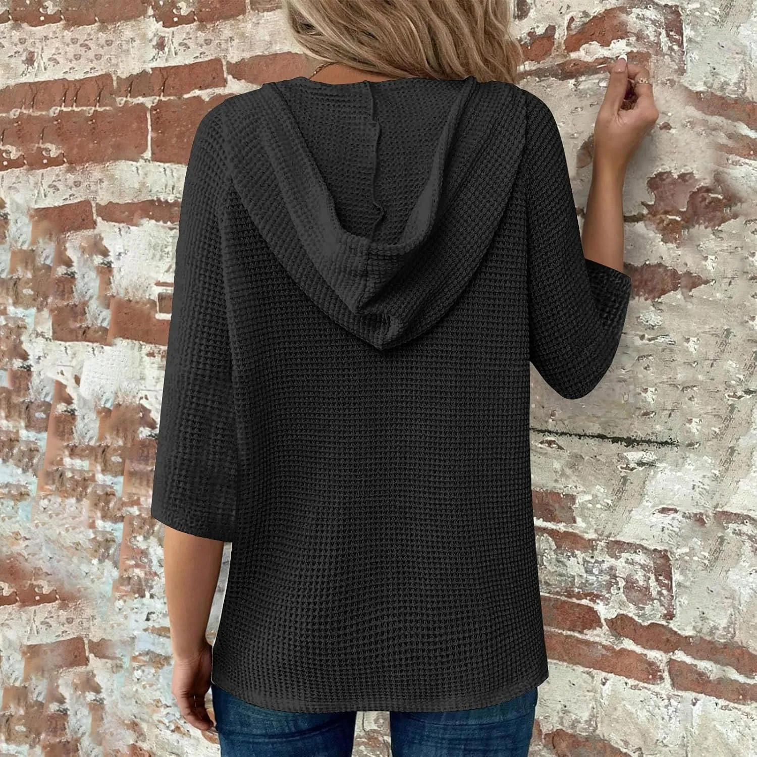 Henley Shirts for Women 3/4 Length Sleeve Button Summer Waffle Hoodies Pullover Cute Vneck Tops Elbow Sleeve Shirts