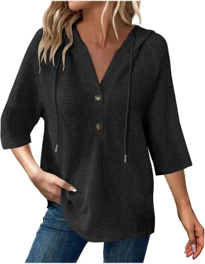Henley Shirts for Women 3/4 Length Sleeve Button Summer Waffle Hoodies Pullover Cute Vneck Tops Elbow Sleeve Shirts