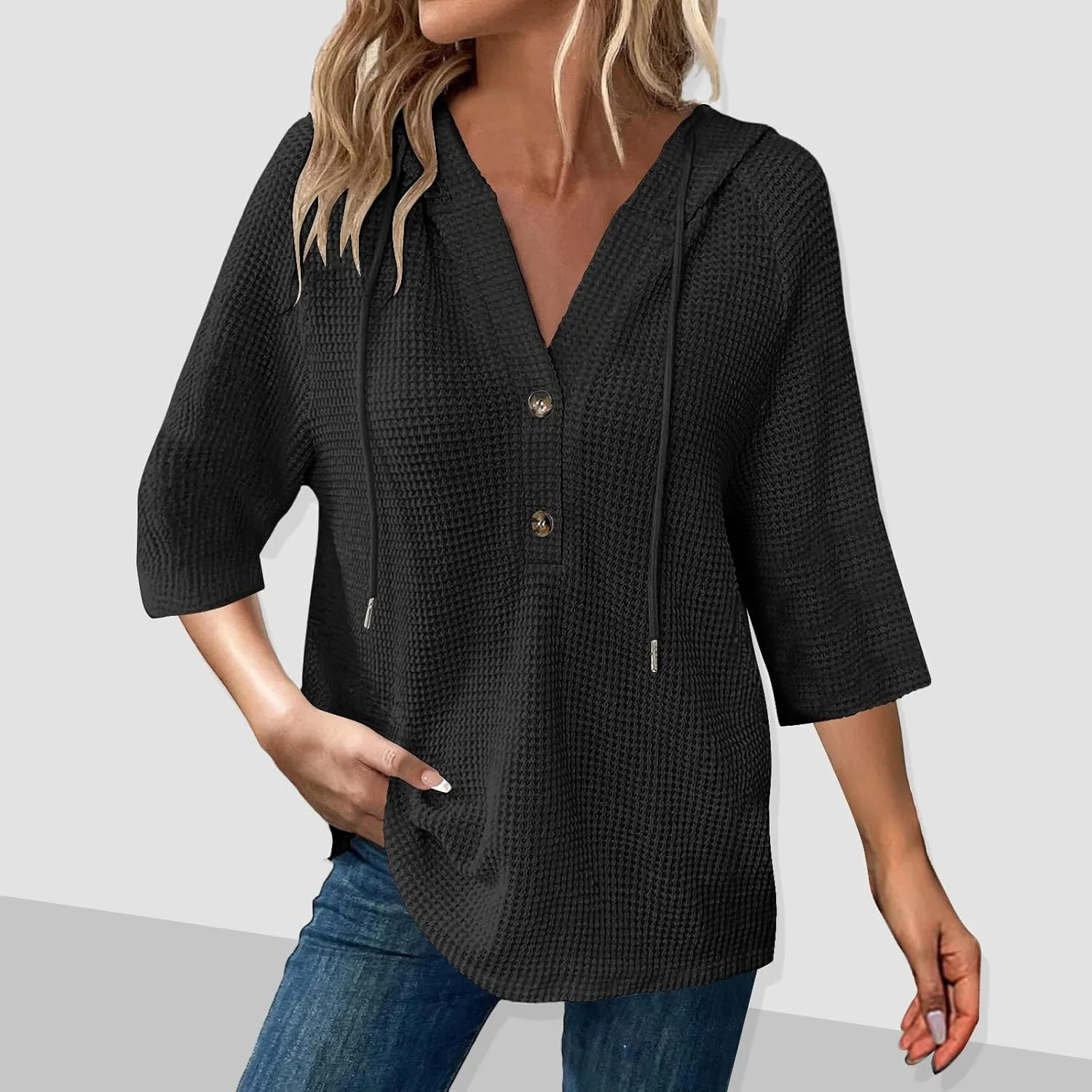 Henley Shirts for Women 3/4 Length Sleeve Button Summer Waffle Hoodies Pullover Cute Vneck Tops Elbow Sleeve Shirts