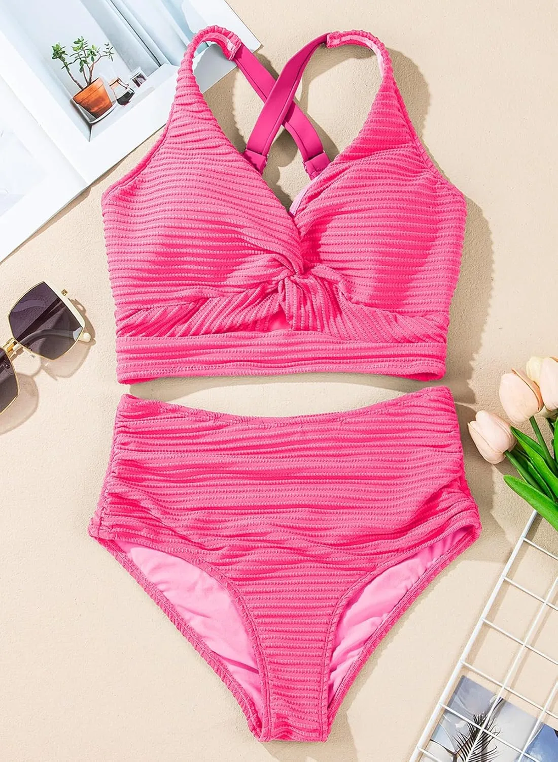 Herseas Women's Textured Bikini Sets Twist Front Top Swimsuits High Waisted Bathing Suits