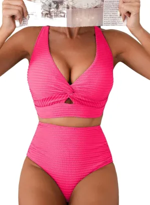Herseas Women's Textured Bikini Sets Twist Front Top Swimsuits High Waisted Bathing Suits