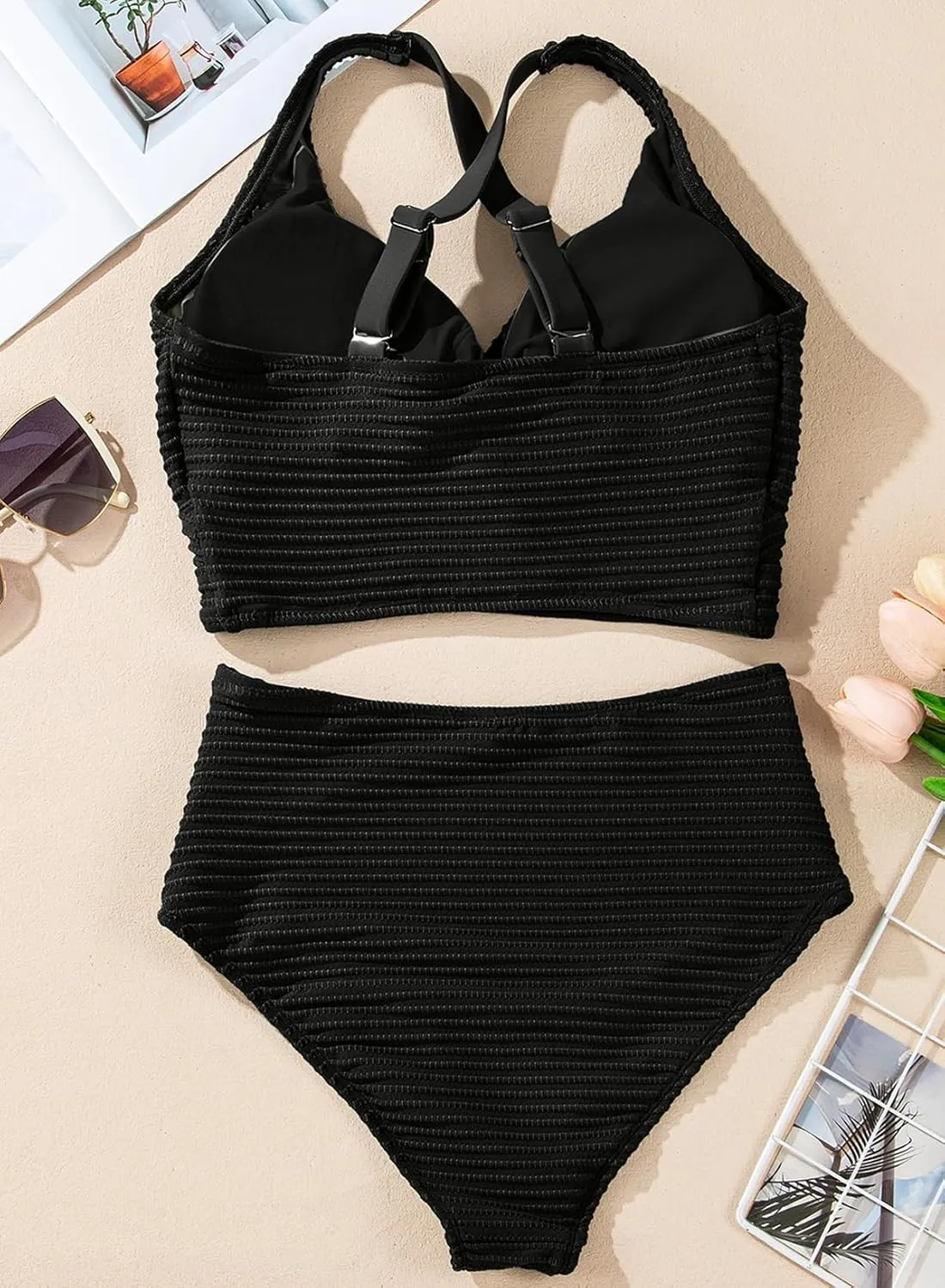 Herseas Women's Textured Bikini Sets Twist Front Top Swimsuits High Waisted Bathing Suits