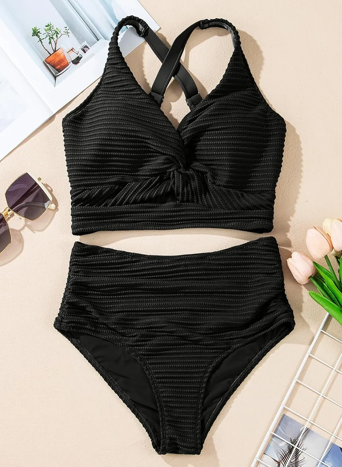 Herseas Women's Textured Bikini Sets Twist Front Top Swimsuits High Waisted Bathing Suits
