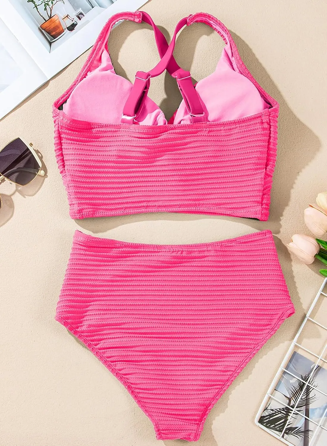 Herseas Women's Textured Bikini Sets Twist Front Top Swimsuits High Waisted Bathing Suits