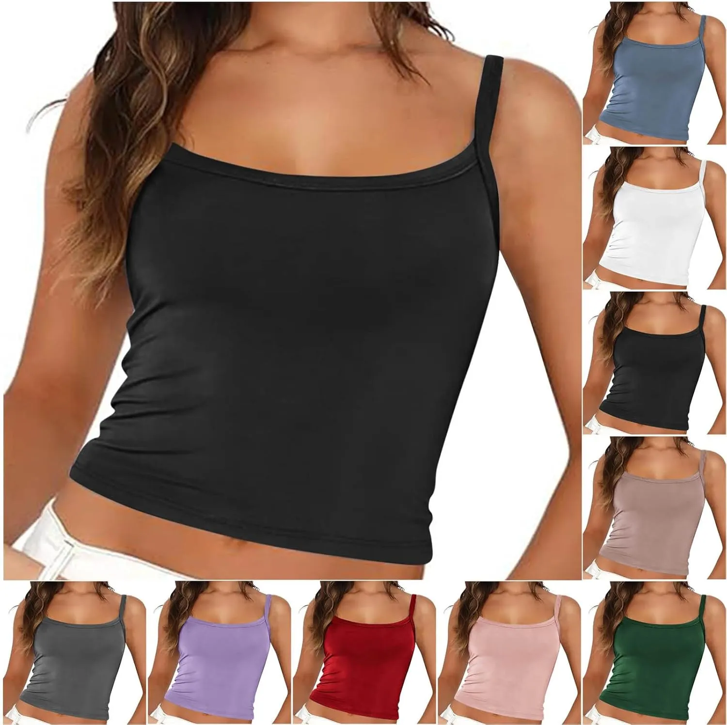 HGps8w Camisole for Women 2025 Summer Basic Cami Tank Tops Casual Solid Slim Fit Sleeveless Crop T-Shirts