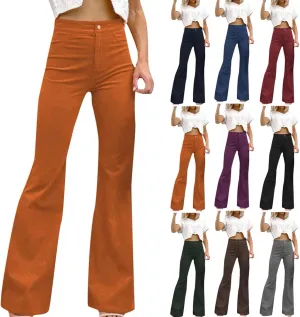 High Waisted Corduroy Flare Pants for Women Button Vintage Bell Bottom Stretchy Comfy Wide Leg Trousers with Pockets