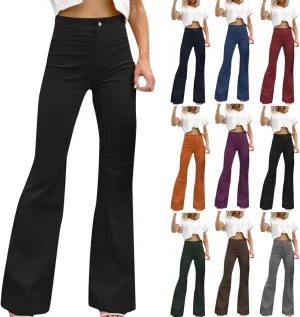 High Waisted Corduroy Flare Pants for Women Button Vintage Bell Bottom Stretchy Comfy Wide Leg Trousers with Pockets