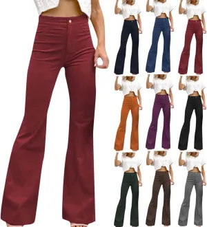 High Waisted Corduroy Flare Pants for Women Button Vintage Bell Bottom Stretchy Comfy Wide Leg Trousers with Pockets