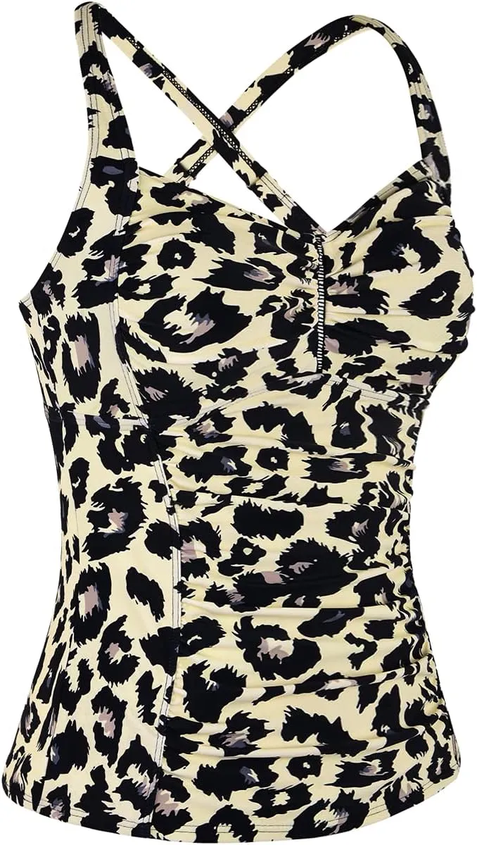 Hilor Women's Tankini Tops Shirred Tummy Control Swimsuits Cross Back Tankini Swimwear Tops