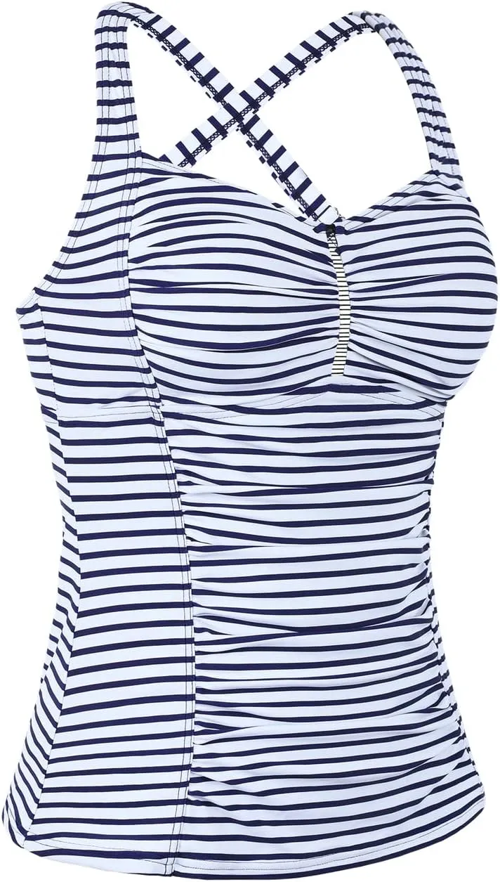 Hilor Women's Tankini Tops Shirred Tummy Control Swimsuits Cross Back Tankini Swimwear Tops