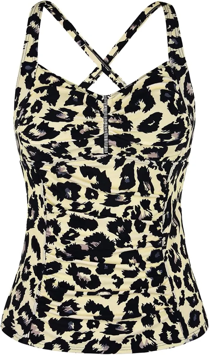 Hilor Women's Tankini Tops Shirred Tummy Control Swimsuits Cross Back Tankini Swimwear Tops