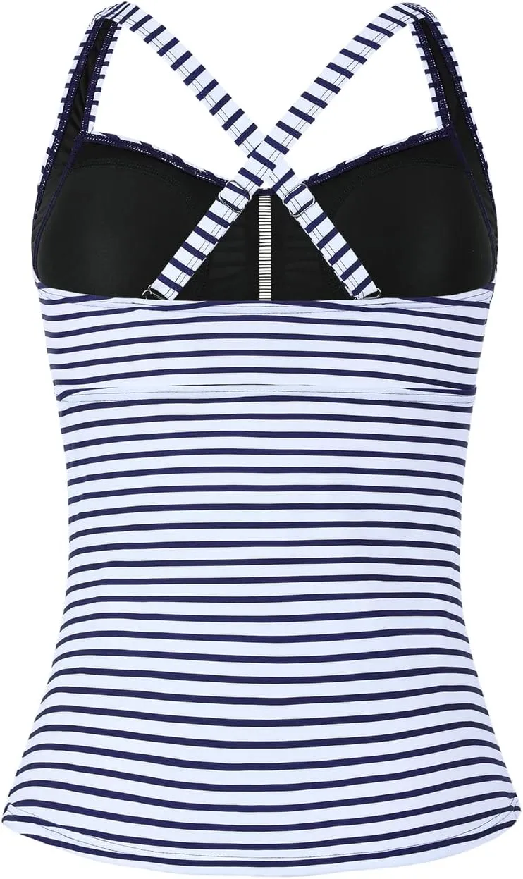 Hilor Women's Tankini Tops Shirred Tummy Control Swimsuits Cross Back Tankini Swimwear Tops