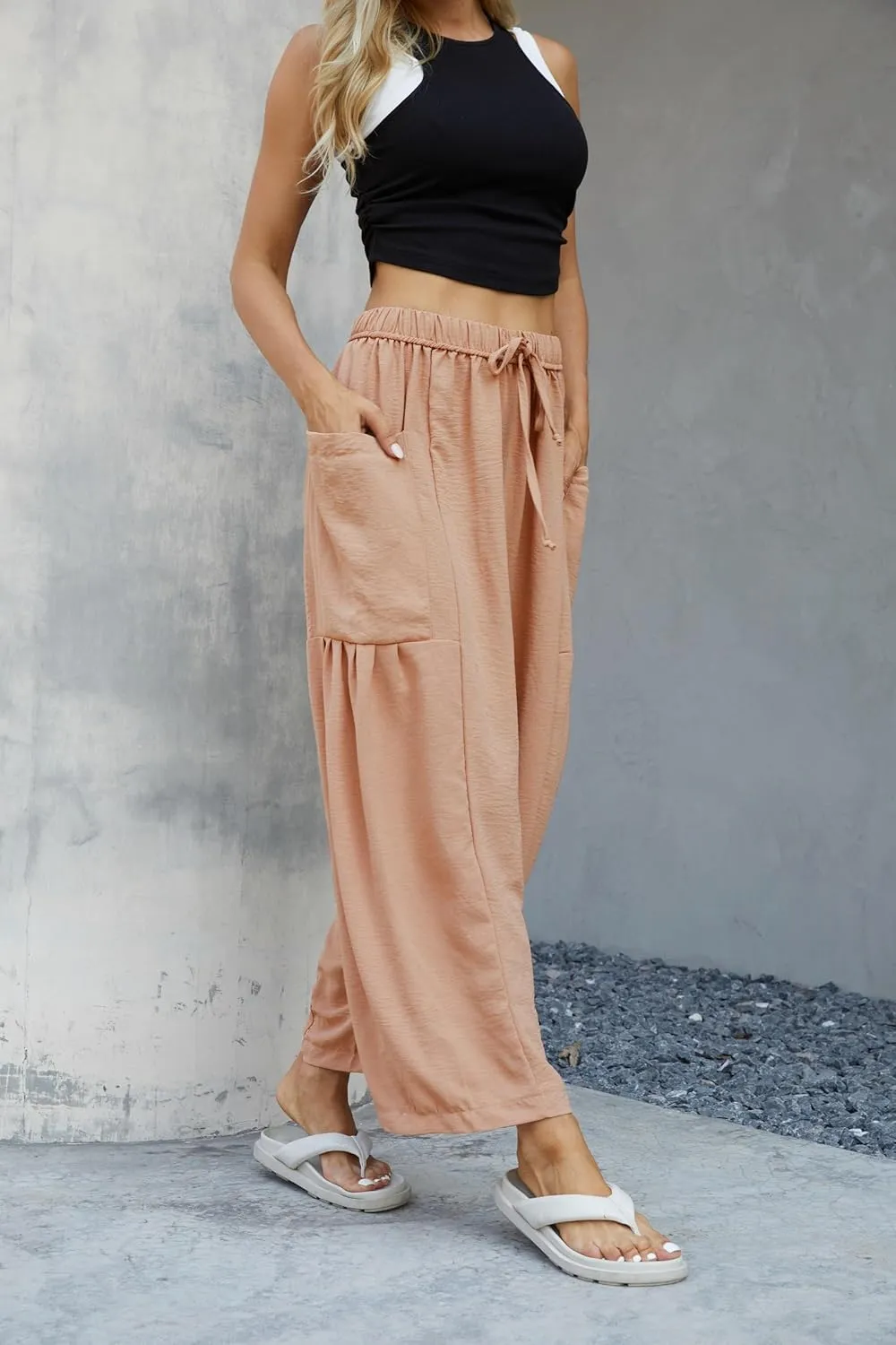 Honwenle Women's Wide Leg Pants Loose Drawstring Palazzo Pants Summer Casual Flowy Beach Trousers with Cargo Pockets