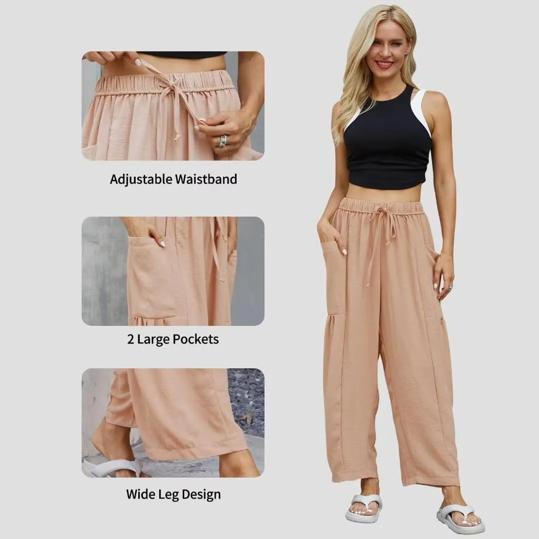 Honwenle Women's Wide Leg Pants Loose Drawstring Palazzo Pants Summer Casual Flowy Beach Trousers with Cargo Pockets