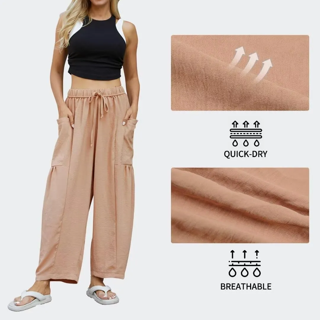 Honwenle Women's Wide Leg Pants Loose Drawstring Palazzo Pants Summer Casual Flowy Beach Trousers with Cargo Pockets