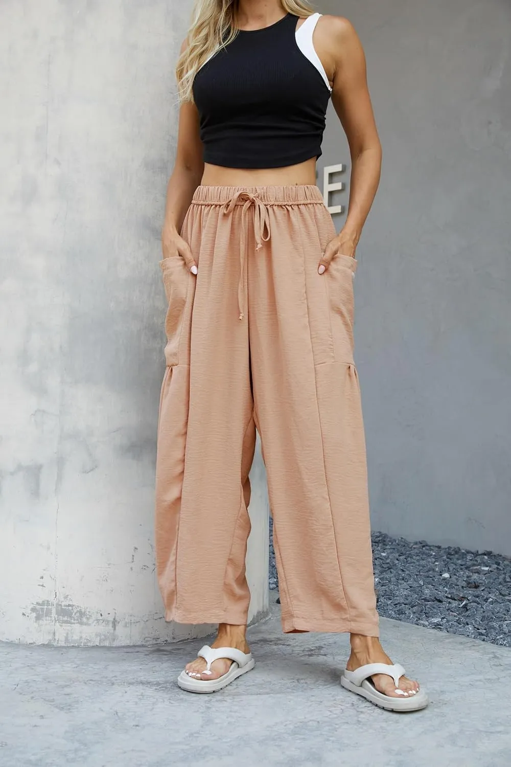 Honwenle Women's Wide Leg Pants Loose Drawstring Palazzo Pants Summer Casual Flowy Beach Trousers with Cargo Pockets
