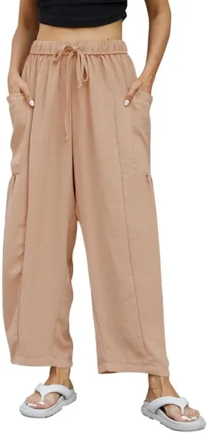 Honwenle Women's Wide Leg Pants Loose Drawstring Palazzo Pants Summer Casual Flowy Beach Trousers with Cargo Pockets