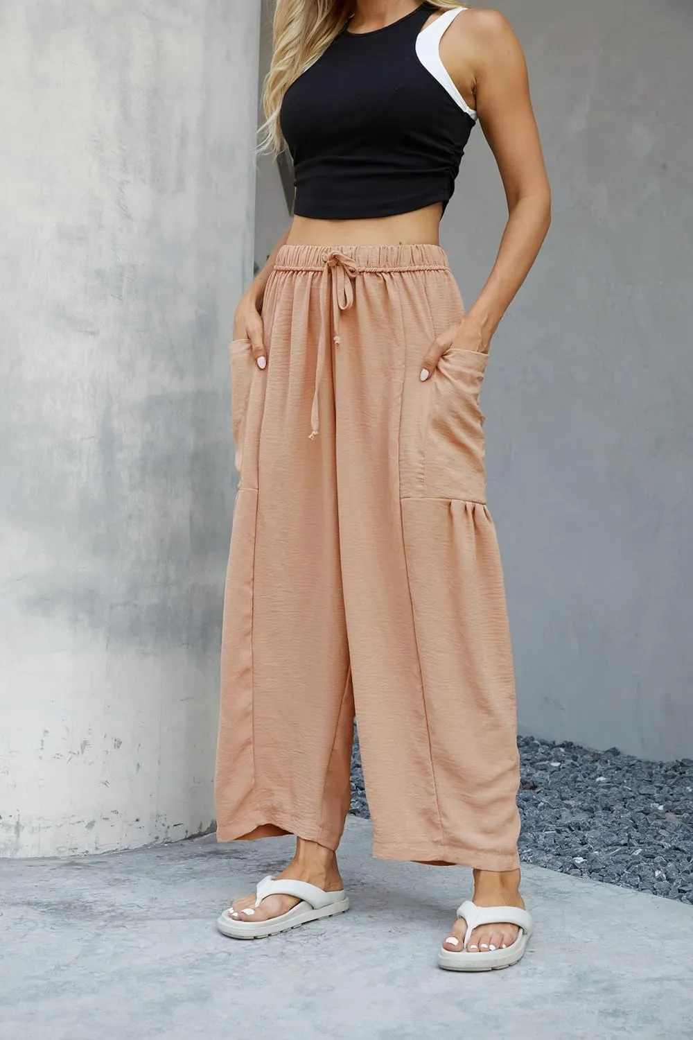 Honwenle Women's Wide Leg Pants Loose Drawstring Palazzo Pants Summer Casual Flowy Beach Trousers with Cargo Pockets