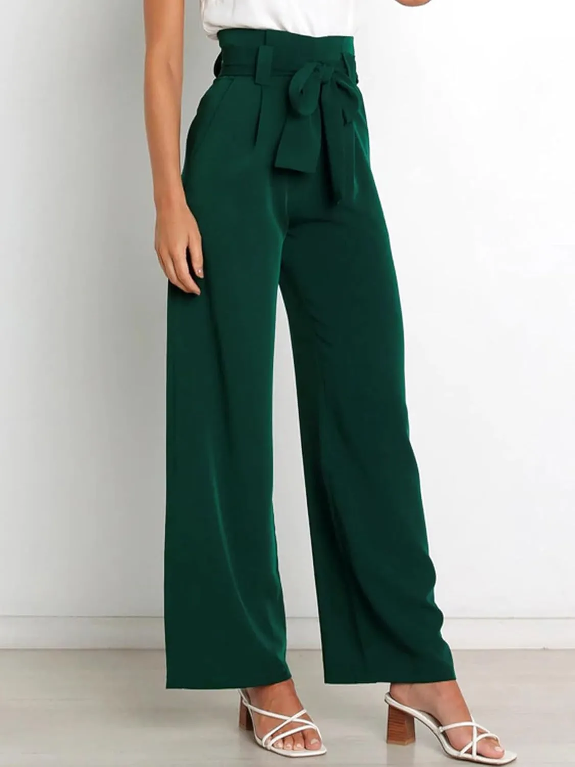 IFFEI Women's Wide Leg Pants with Pockets Business Casual Trousers High Waist with Adjustable Belt