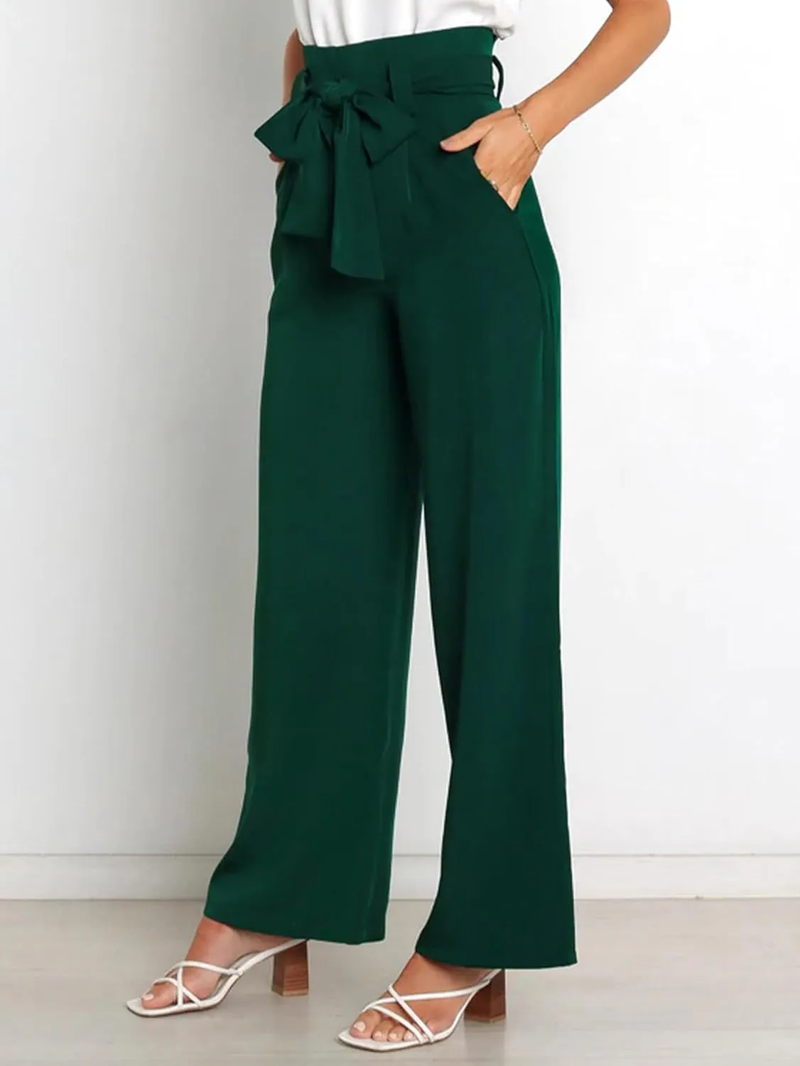 IFFEI Women's Wide Leg Pants with Pockets Business Casual Trousers High Waist with Adjustable Belt
