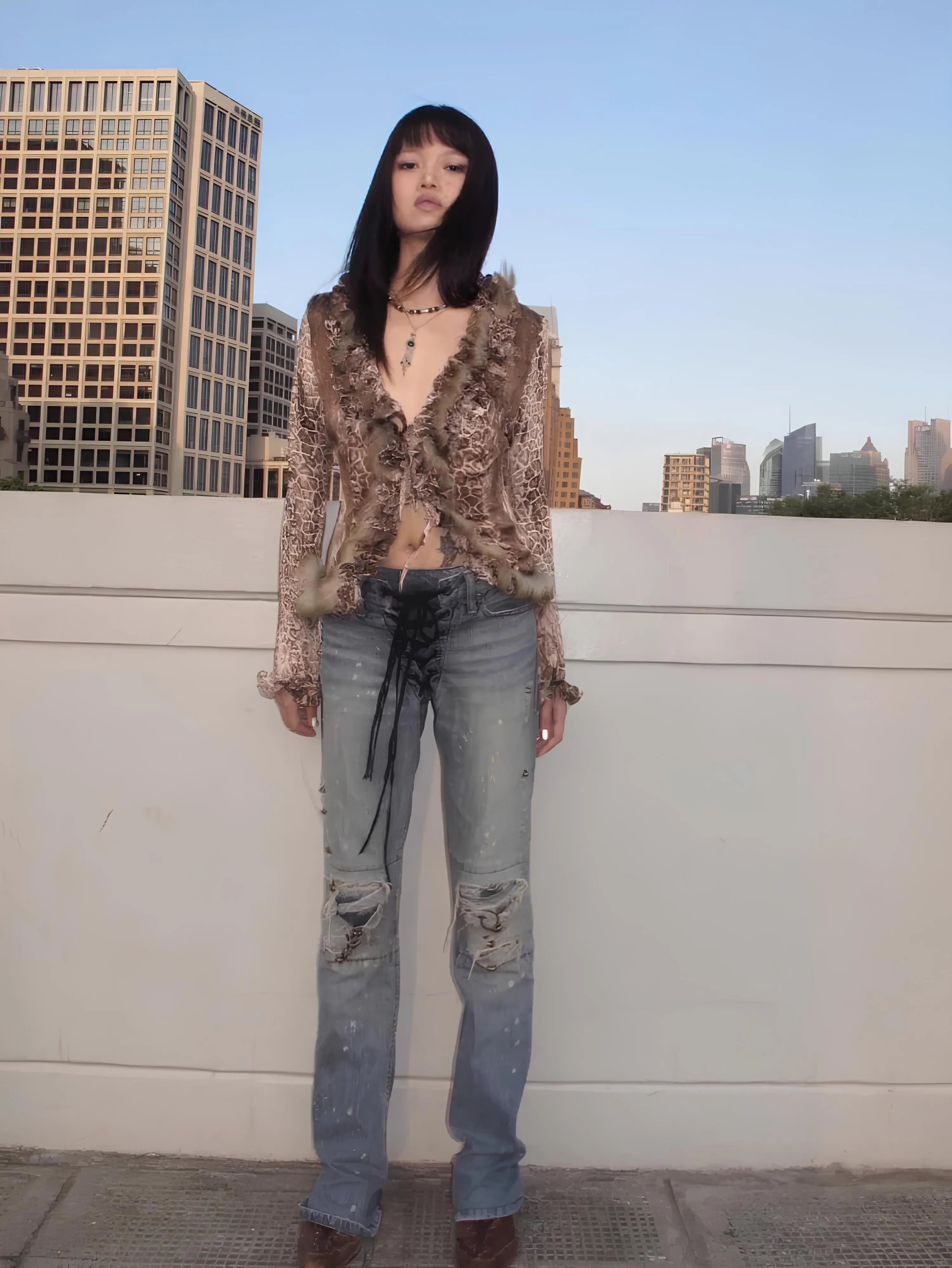 Japanese Y2K Leopard Print Fur Shirt  Vintage Harajuku Grunge Aesthetic