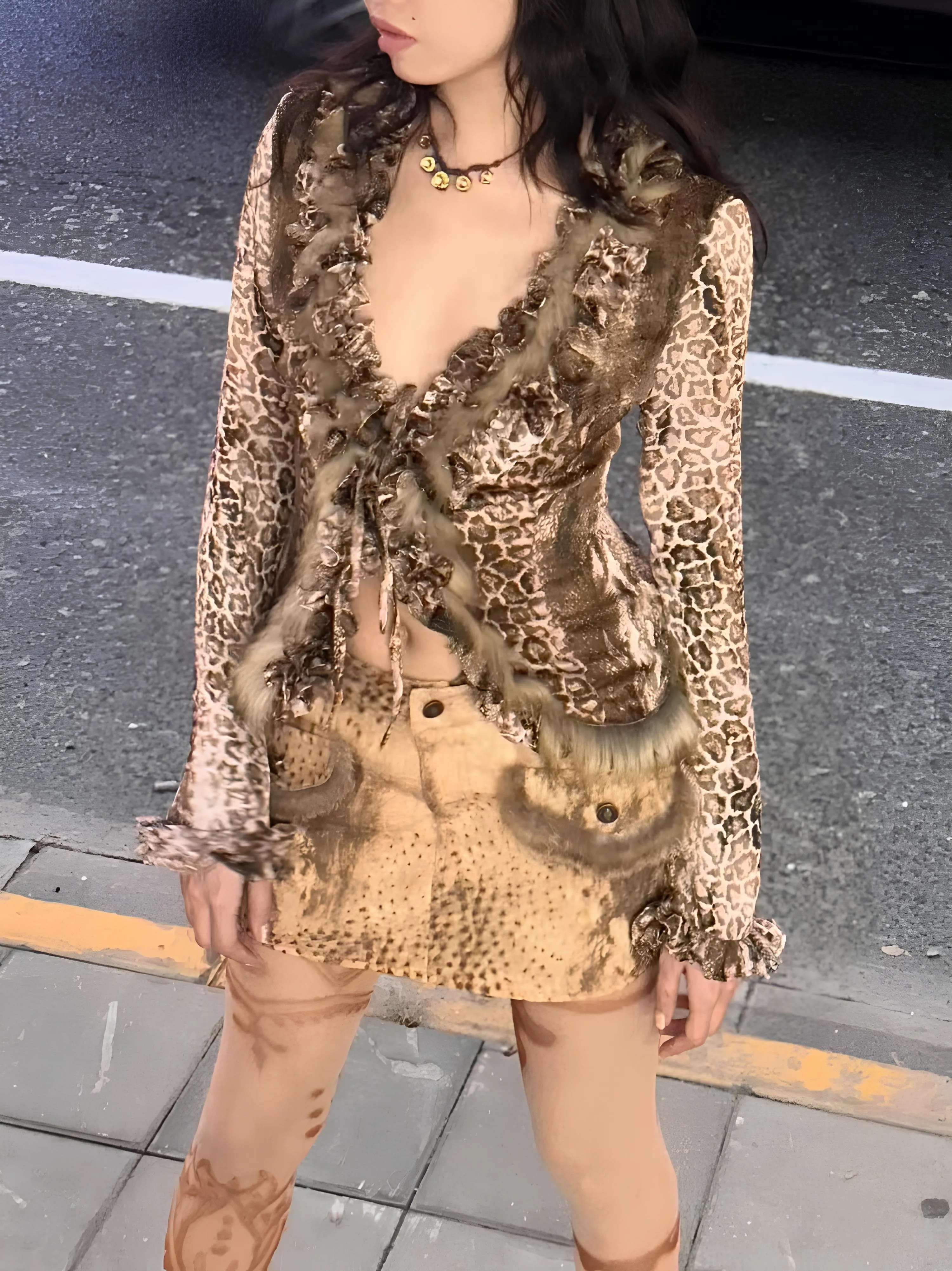 Japanese Y2K Leopard Print Fur Shirt  Vintage Harajuku Grunge Aesthetic