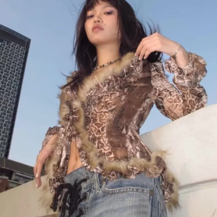 Japanese Y2K Leopard Print Fur Shirt  Vintage Harajuku Grunge Aesthetic