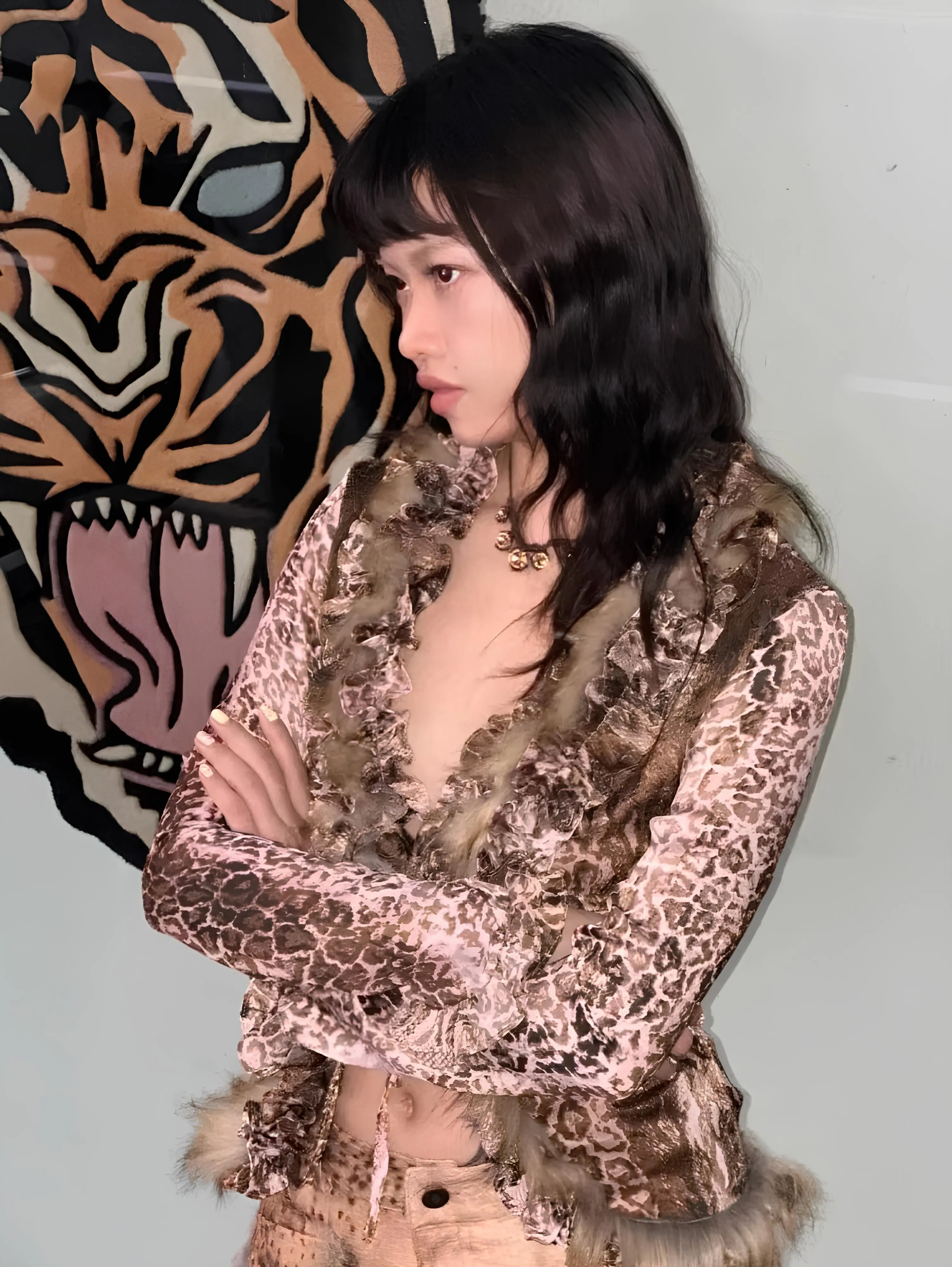 Japanese Y2K Leopard Print Fur Shirt  Vintage Harajuku Grunge Aesthetic