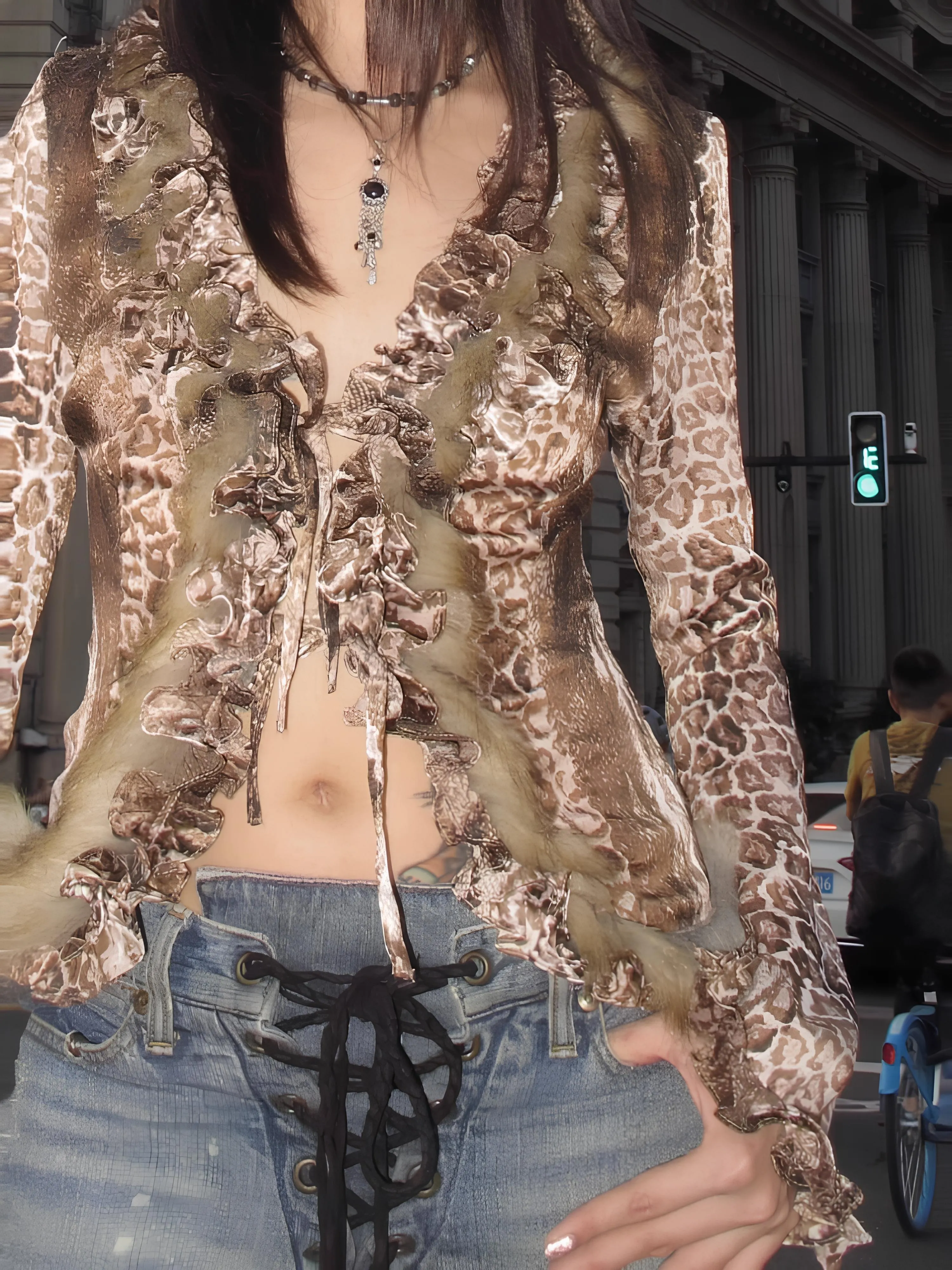 Japanese Y2K Leopard Print Fur Shirt  Vintage Harajuku Grunge Aesthetic