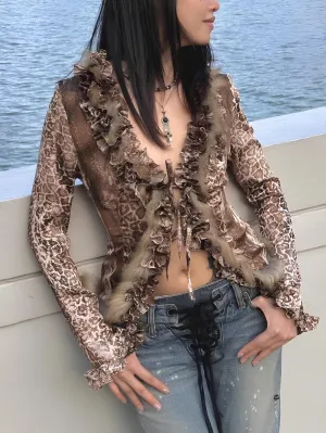 Japanese Y2K Leopard Print Fur Shirt  Vintage Harajuku Grunge Aesthetic