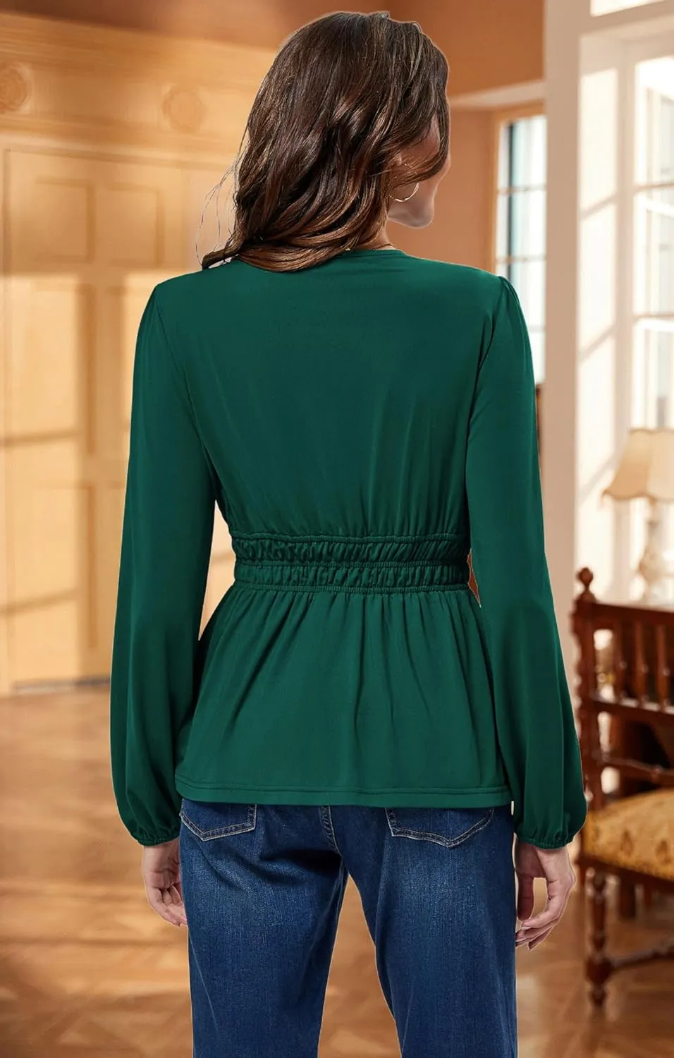 JASAMBAC Women's Elegant V Neck Peplum Tops Shirred Elastic Waist Long Sleeve Shirts Wrap Casual Business Work Blouses